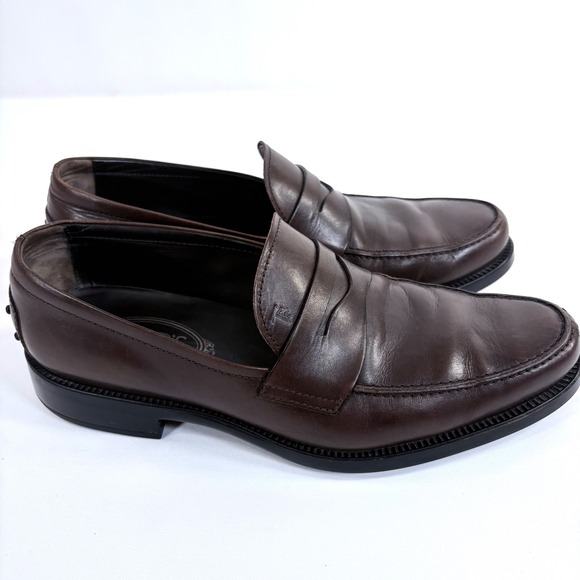 Tod's Penny Loafers Dark Brown Leather Gommini Pebble Heel Mens 9.5 Made Italy